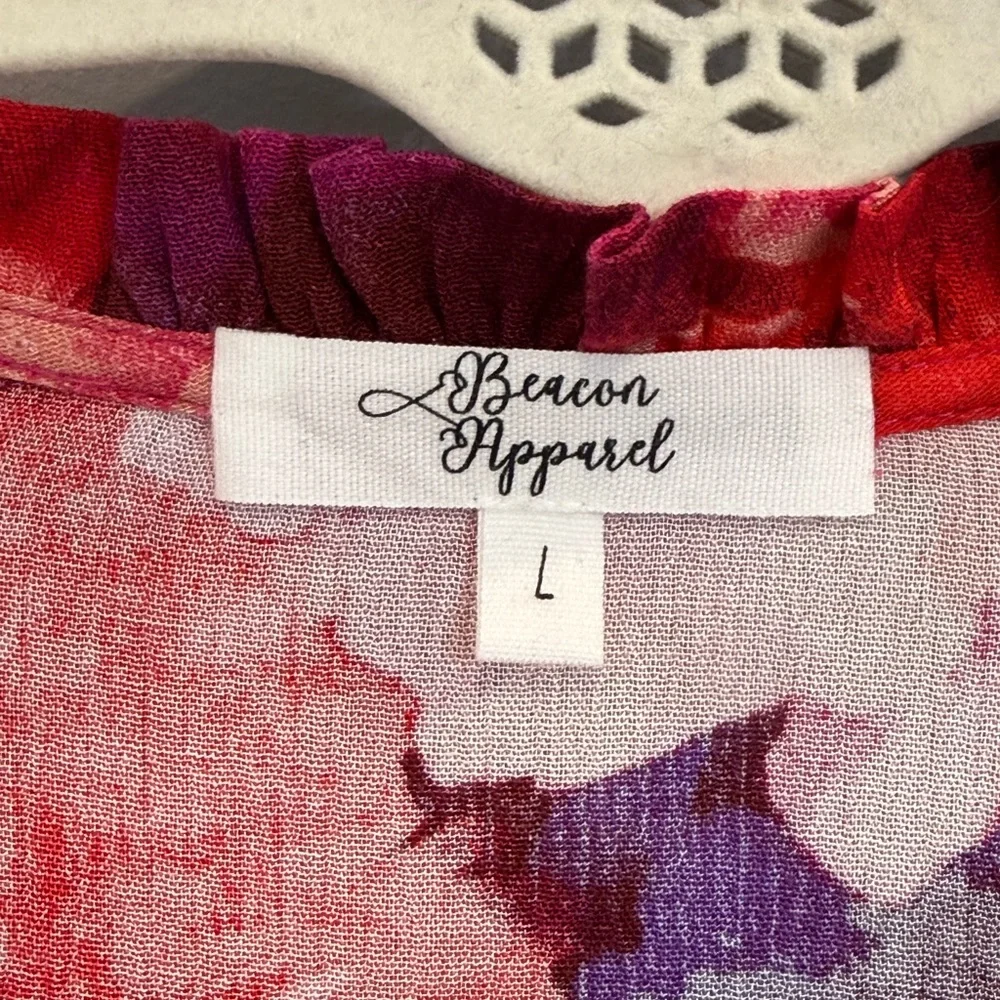 Beacon Red Pink Purple Floral V-Neck Flutter Sleeve Top - Picture 3 of 5